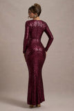 Remarkable Burgundy Sequin Long-Sleeved Twisted Maxi Dress