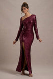 Remarkable Burgundy Sequin Long-Sleeved Twisted Maxi Dress