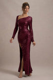 Remarkable Burgundy Sequin Long-Sleeved Twisted Maxi Dress