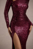 Remarkable Burgundy Sequin Long-Sleeved Twisted Maxi Dress