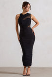 Born With It Black Sleeveless High-Neck Draped Maxi Dress With Mesh Inserts
