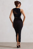 Born With It Black Sleeveless High-Neck Draped Maxi Dress With Mesh Inserts
