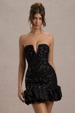Nadia Black Sequin Strapless Mini Dress With Ruffle Trim