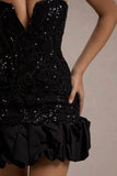 Nadia Black Sequin Strapless Mini Dress With Ruffle Trim