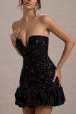 Nadia Black Sequin Strapless Mini Dress With Ruffle Trim