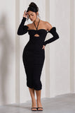 Extra Special Black Ruched Halter-Neck Midi Dress With Flowers