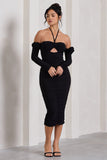Extra Special Black Ruched Halter-Neck Midi Dress With Flowers