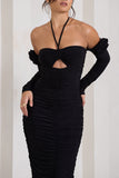 Extra Special Black Ruched Halter-Neck Midi Dress With Flowers