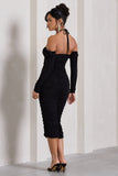Extra Special Black Ruched Halter-Neck Midi Dress With Flowers