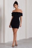 Pass A Glass Black Ruched Bardot Micro Mini Dress With Flowers
