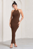 Kirsten Chocolate Sleeveless Halter-Neck Open-Back Knot Maxi Dress
