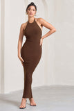 Kirsten Chocolate Sleeveless Halter-Neck Open-Back Knot Maxi Dress