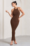 Kirsten Chocolate Sleeveless Halter-Neck Open-Back Knot Maxi Dress