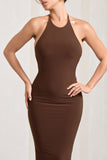 Kirsten Chocolate Sleeveless Halter-Neck Open-Back Knot Maxi Dress