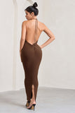 Kirsten Chocolate Sleeveless Halter-Neck Open-Back Knot Maxi Dress