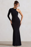 Tyra Black Asymmetric Neck Cut Out Maxi Dress With Open Back Detail