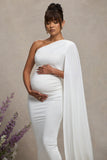 Amaryllis White Maternity One Shoulder Maxi Dress with Cape Sleeve
