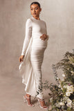 Kiara White Long Sleeve Ruched Maternity Midi Dress with Frill Detail