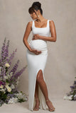 Avril White Square Neck Maternity Maxi Dress with Split
