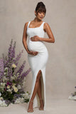 Avril White Square Neck Maternity Maxi Dress with Split