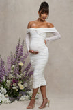 Neva White Bardot Twist Maternity Midi Dress