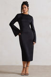 Zaina Black Long Sleeve Midi Dress with High Neckline