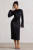 Zaina Black Long Sleeve Midi Dress with High Neckline