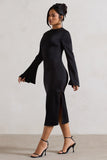 Zaina Black Long Sleeve Midi Dress with High Neckline