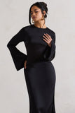 Zaina Black Long Sleeve Midi Dress with High Neckline