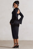 Zaina Black Long Sleeve Midi Dress with High Neckline