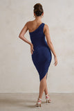 Dorit Navy One Shoulder Asymmetric Ruched Midi Dress