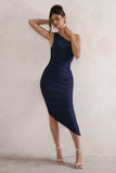 Dorit Navy One Shoulder Asymmetric Ruched Midi Dress