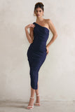 Dorit Navy One Shoulder Asymmetric Ruched Midi Dress