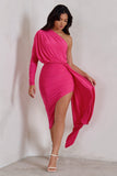 Catherine Hot Pink One Sleeve Asymmetric Midi Dress With Statement Drape