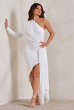 Catherine White One Sleeve Asymmetric Midi Dress With Statement Drape