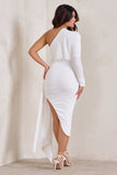 Catherine White One Sleeve Asymmetric Midi Dress With Statement Drape