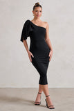 Samantha Black One Shoulder Bow Detail Midi Dress