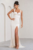 Showpiece Cream Satin Corset Split Maxi Dress