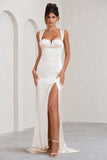 Showpiece Cream Satin Corset Split Maxi Dress
