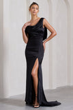 Jayne Black Satin Asymmetric Draped Split Maxi Dress