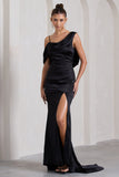 Jayne Black Satin Asymmetric Draped Split Maxi Dress