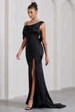 Jayne Black Satin Asymmetric Draped Split Maxi Dress
