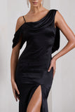 Jayne Black Satin Asymmetric Draped Split Maxi Dress