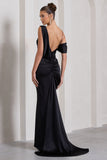Jayne Black Satin Asymmetric Draped Split Maxi Dress