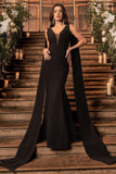 Rosaline Black Plunging Fishtail Maxi Dress With Cape