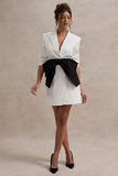 Prized White Tailored Blazer Dress With Black Bow