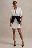 Prized White Tailored Blazer Dress With Black Bow