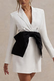Prized White Tailored Blazer Dress With Black Bow