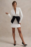 Prized White Tailored Blazer Dress With Black Bow
