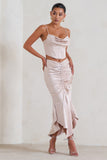 Per Favore Champagne Satin Ruched Split Maxi Skirt